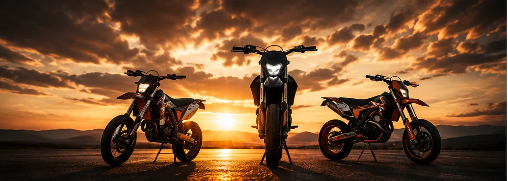 Supermoto motorcycles at sunset